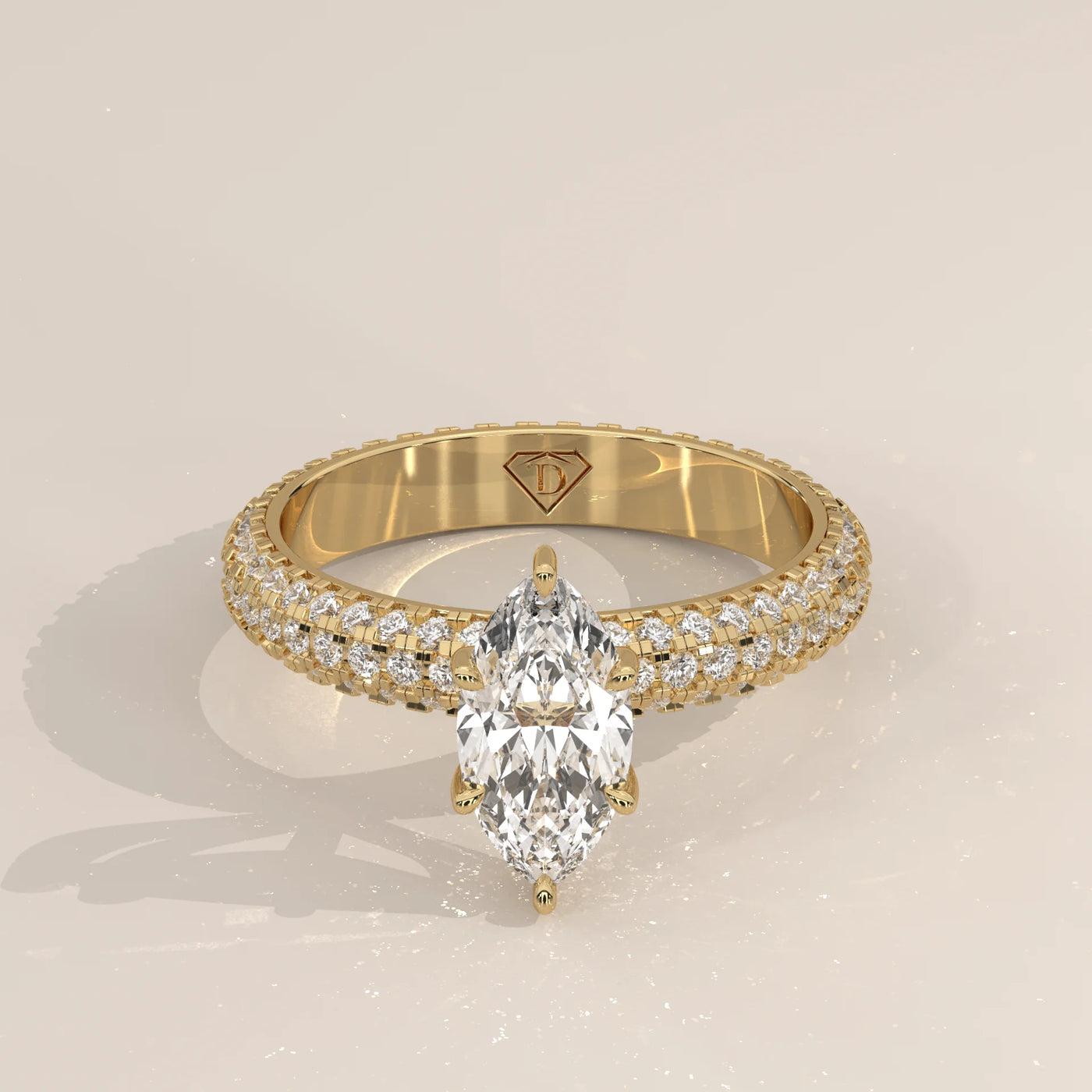 Three-Quarter View: Marquise Diamond Engagement Ring with Pavé Setting in Yellow Gold – Lab Grown – Driona Jewels