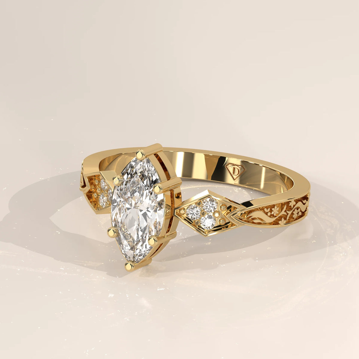 Elegant 14k yellow gold ring featuring a large marquise-cut diamond and intricate detailing.