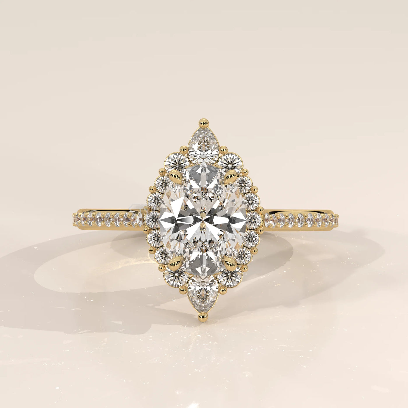 Elegant yellow gold engagement ring featuring a large marquise diamond surrounded by smaller diamonds.