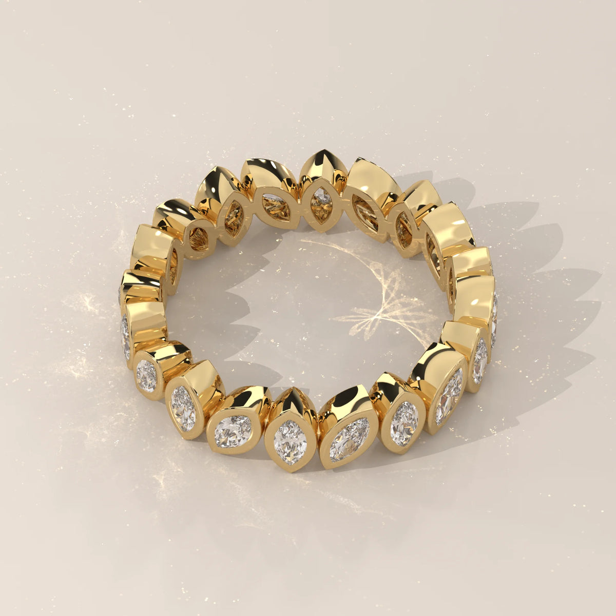 Marquise Lab Grown Diamond Bezel Set Full Eternity Band in yellow gold, shown on a plain background.