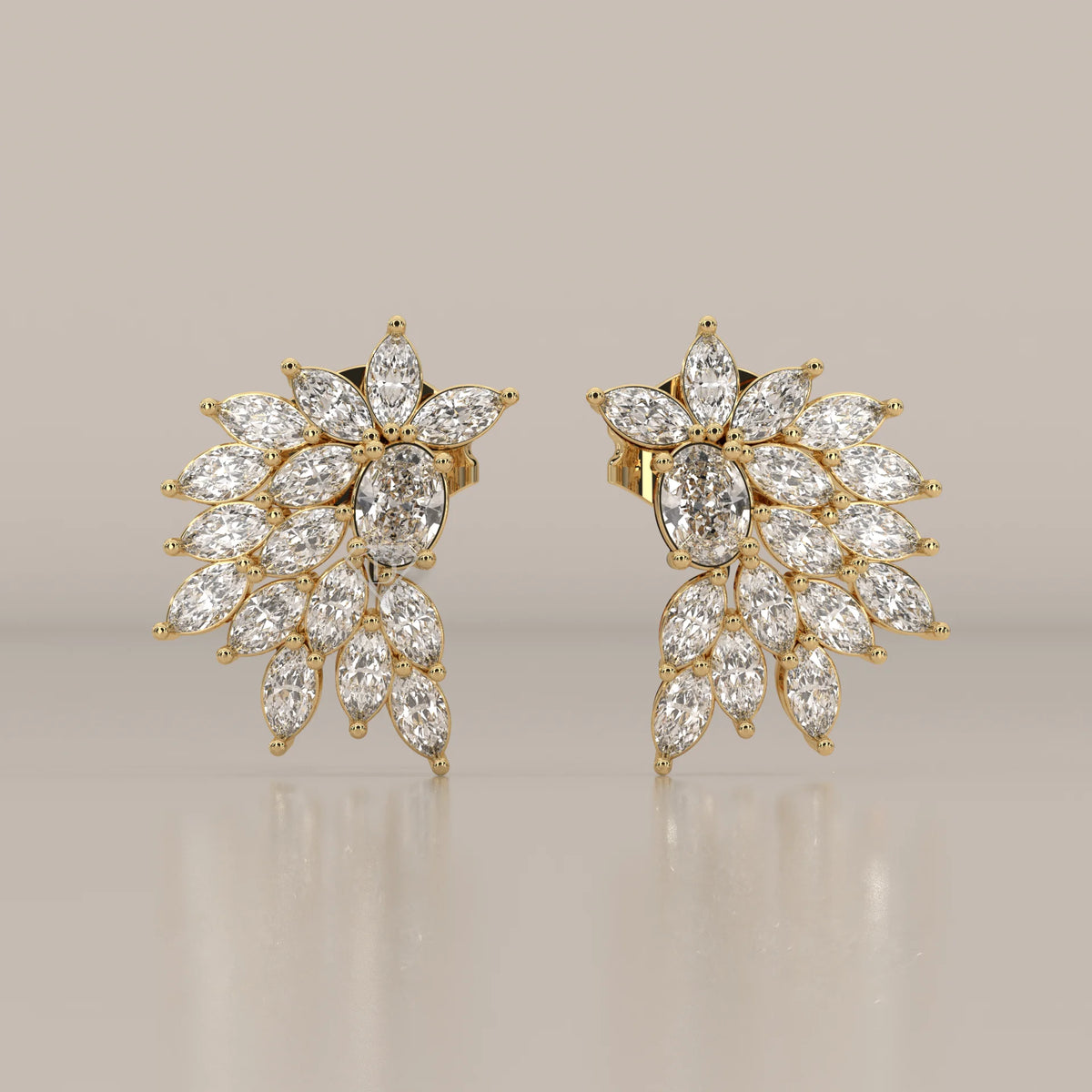 Front View: Marquise Diamond Cluster Earrings with Cluster Setting in Yellow Gold – Lab Grown – Driona Jewels