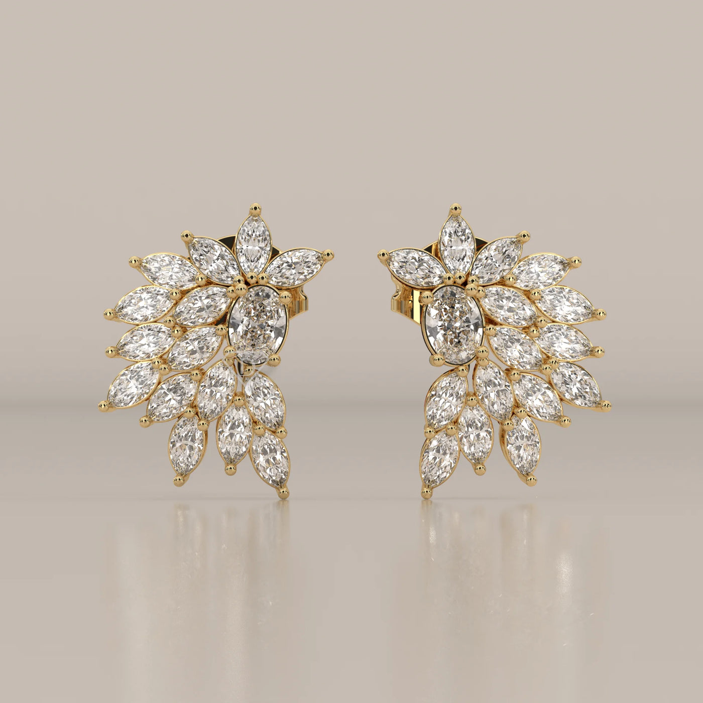Front View: Marquise Diamond Cluster Earrings with Cluster Setting in Yellow Gold – Lab Grown – Driona Jewels