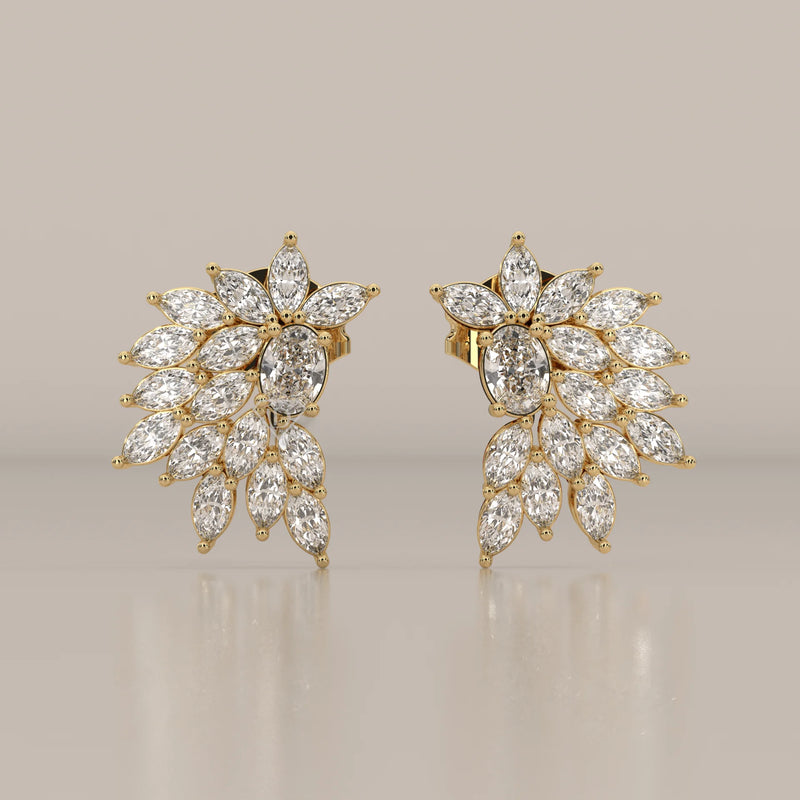 Front View: Marquise Diamond Cluster Earrings with Cluster Setting in Yellow Gold – Lab Grown – Driona Jewels