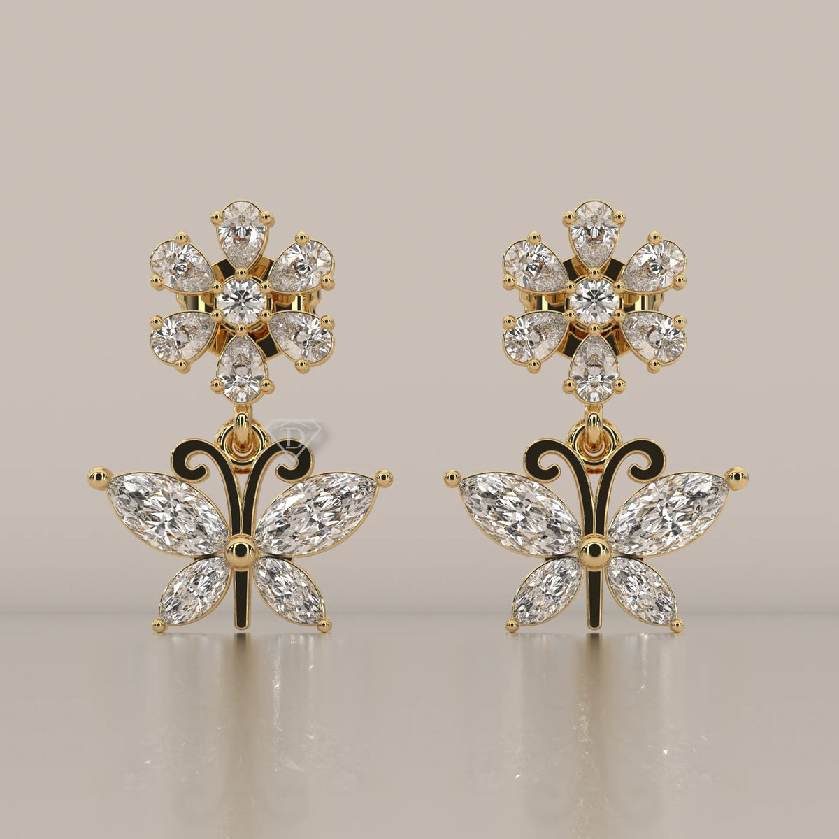 Front View: Marquise Diamond Drop Earrings with Prong Setting in Yellow Gold – Lab Grown – Driona Jewels