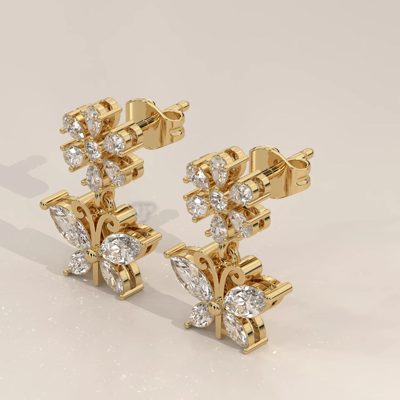 Three-Quarter View: Marquise Diamond Drop Earrings with Prong Setting in Yellow Gold – Lab Grown – Driona Jewels
