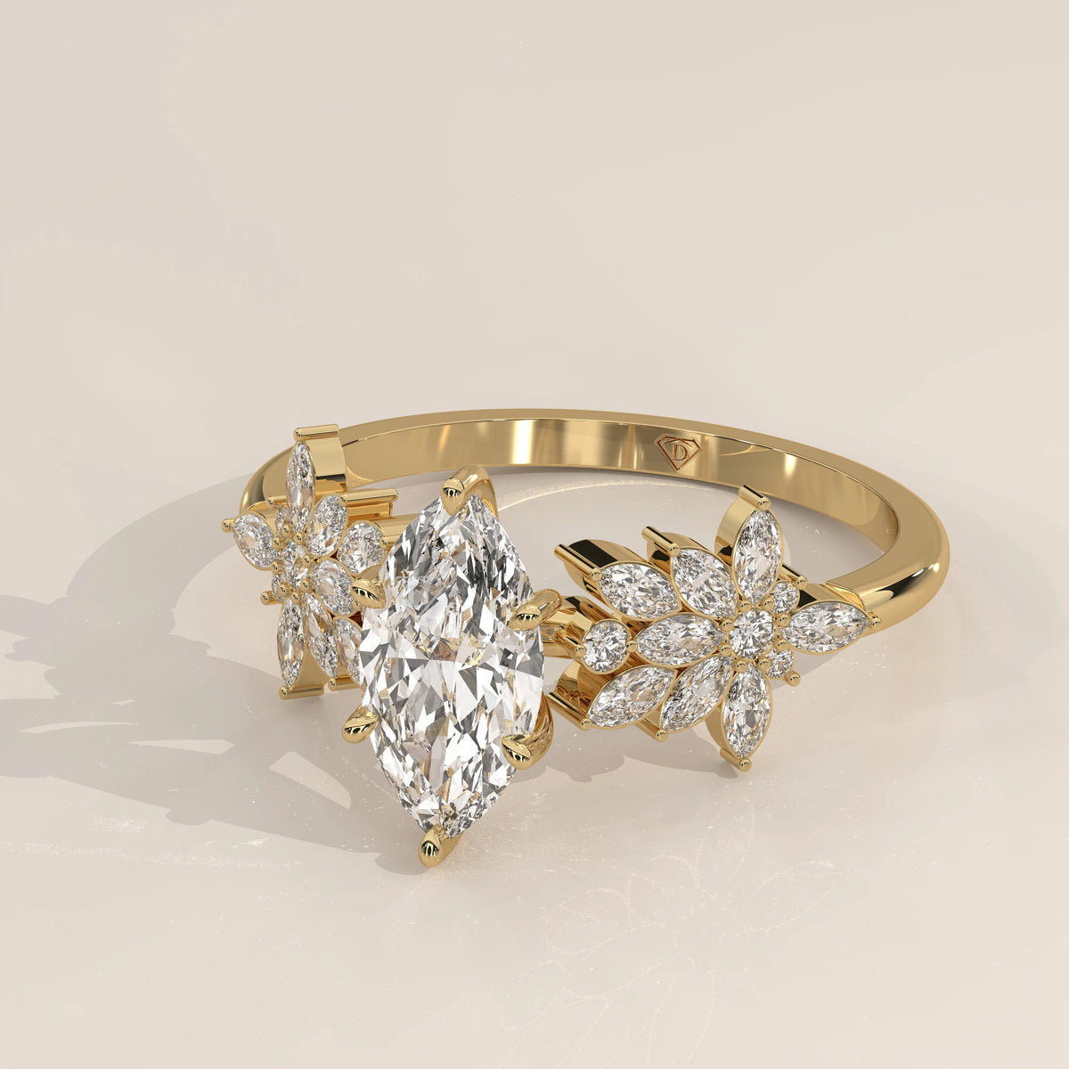 Marquise Lab Grown Diamond Ring with Marquise Flower Clusters in yellow gold, front view on a plain background.