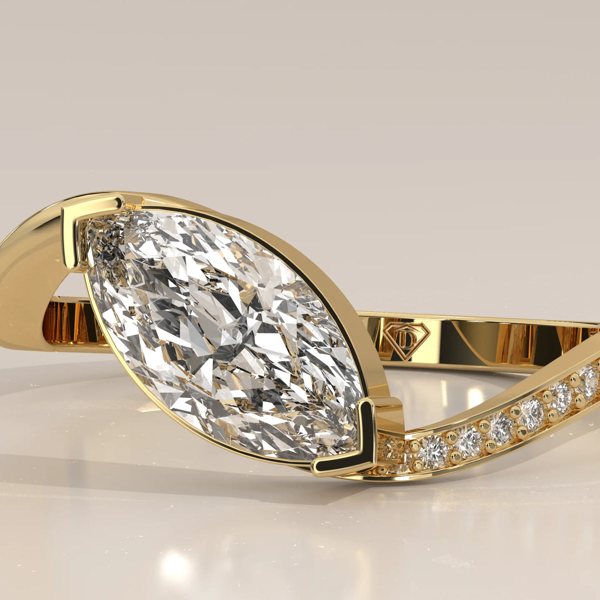 Marquise Lab Grown Diamond East West Half Bezel Bypass Ring in yellow gold, shown at an angle.