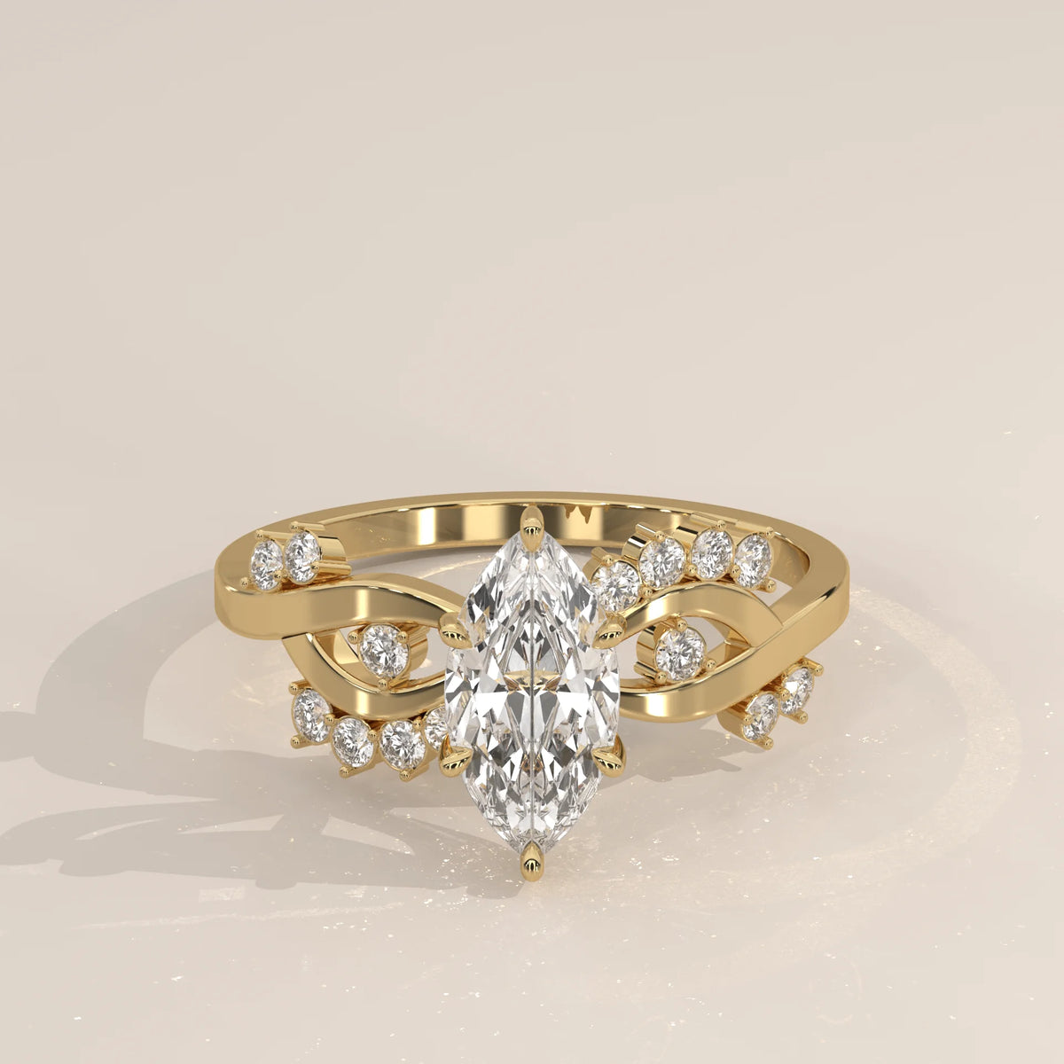 Elegant 14k gold ring with a marquise diamond and accent stones.