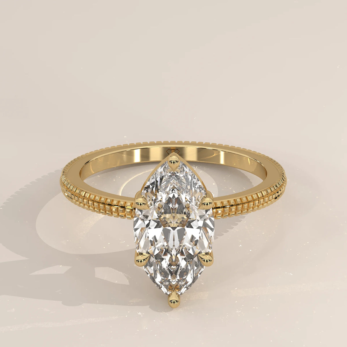 A delicate 14k gold ring with a large marquise-cut diamond and pave band.