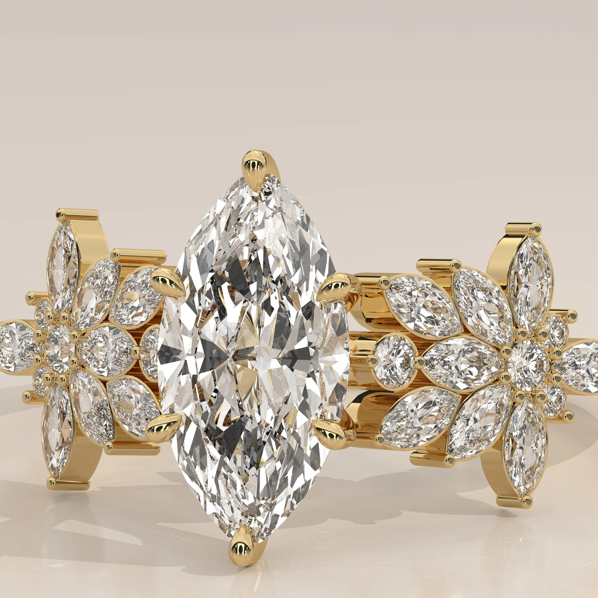 Marquise Lab Grown Diamond Ring with Marquise Flower Clusters in yellow gold, shown on a plain background.