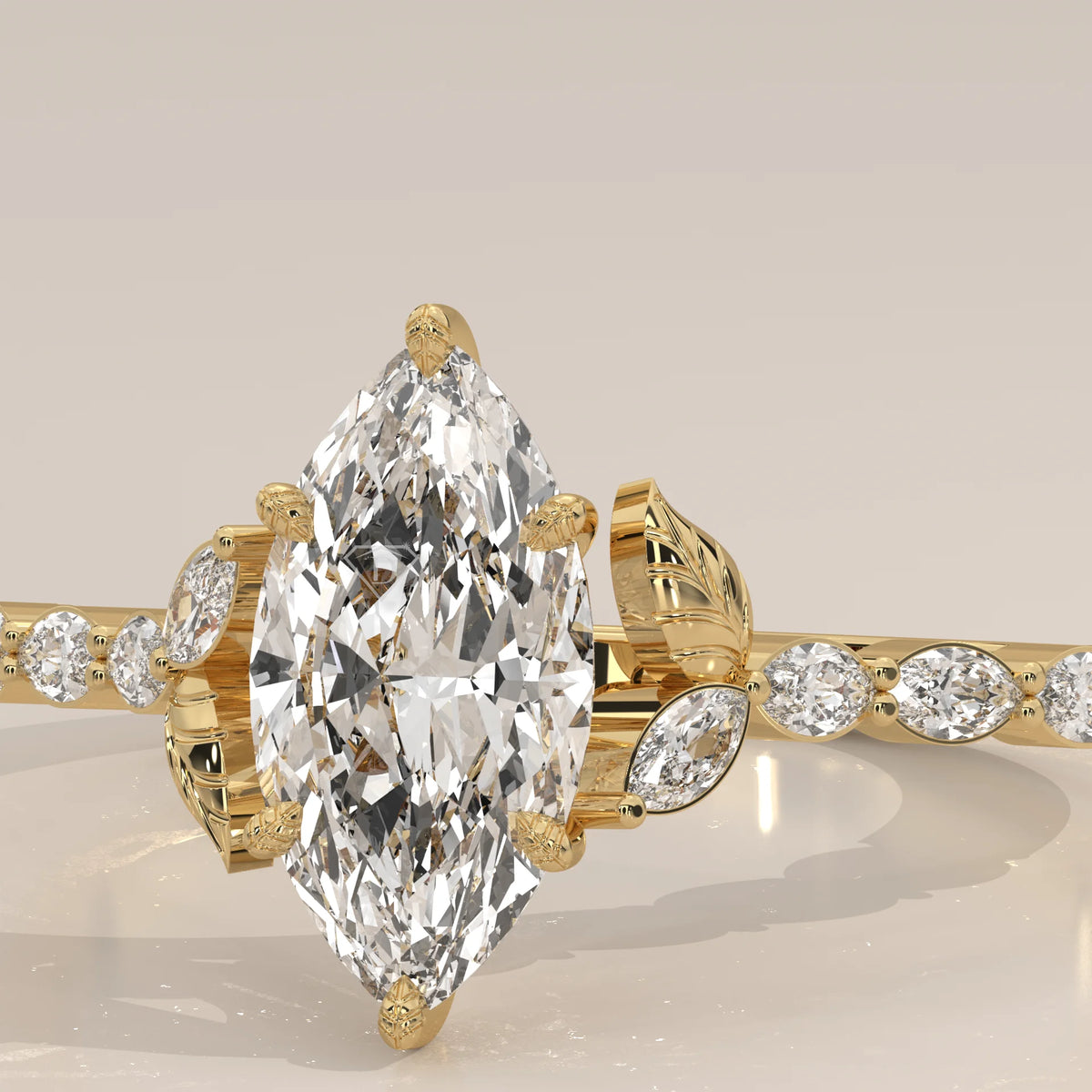 A 14k gold ring featuring a large marquise-cut diamond and smaller accent diamonds.
