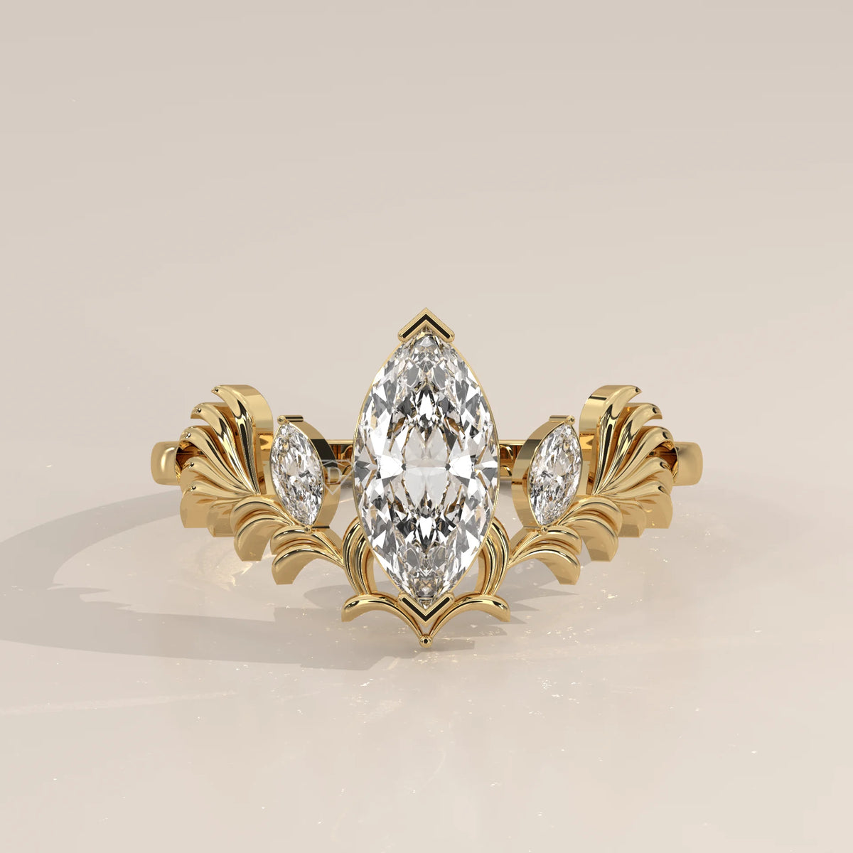 Marquise Lab Grown Diamond Ring with Carved Leaf Wings in yellow gold, photographed head-on.
