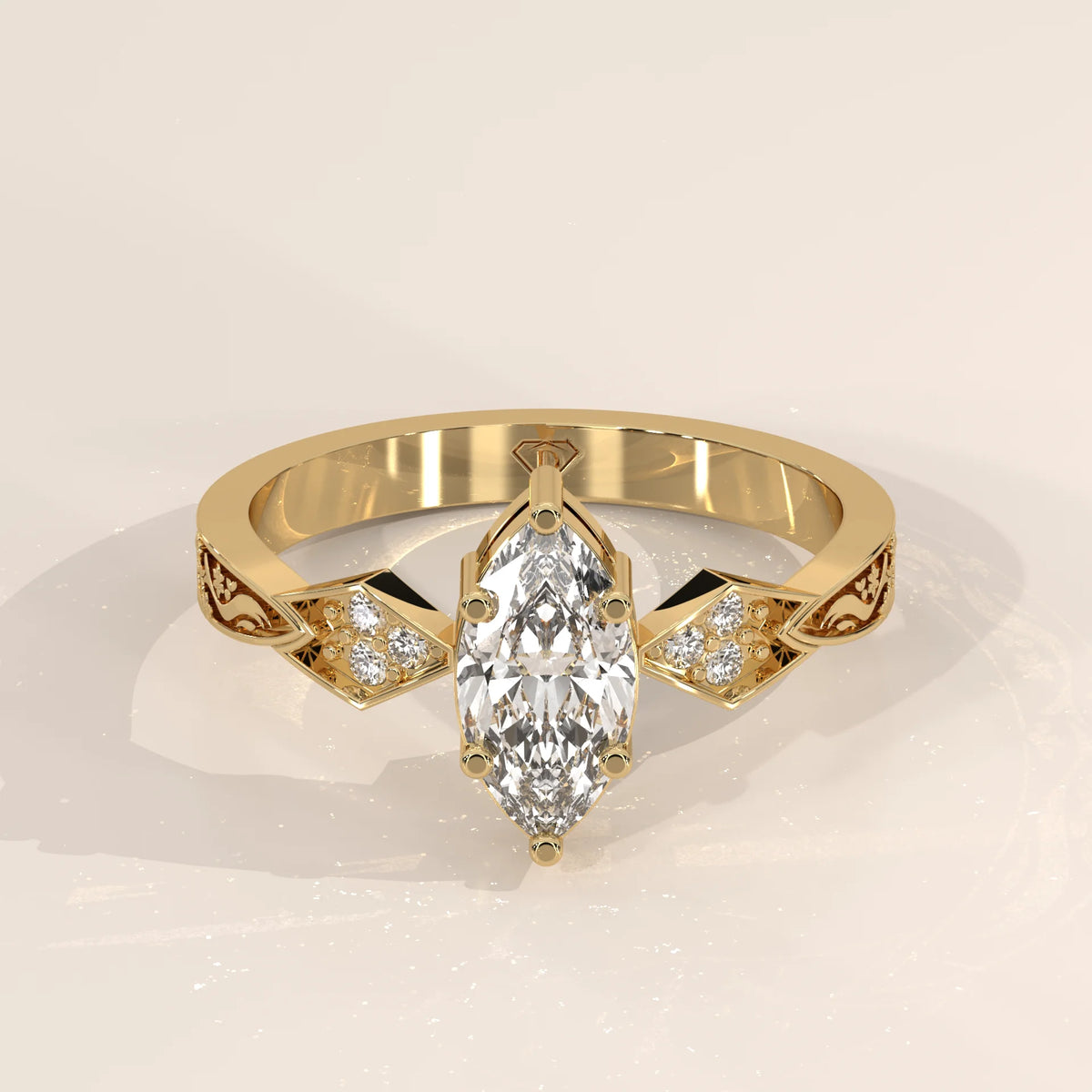A 14k gold ring featuring a large marquise-cut diamond and smaller accent diamonds.