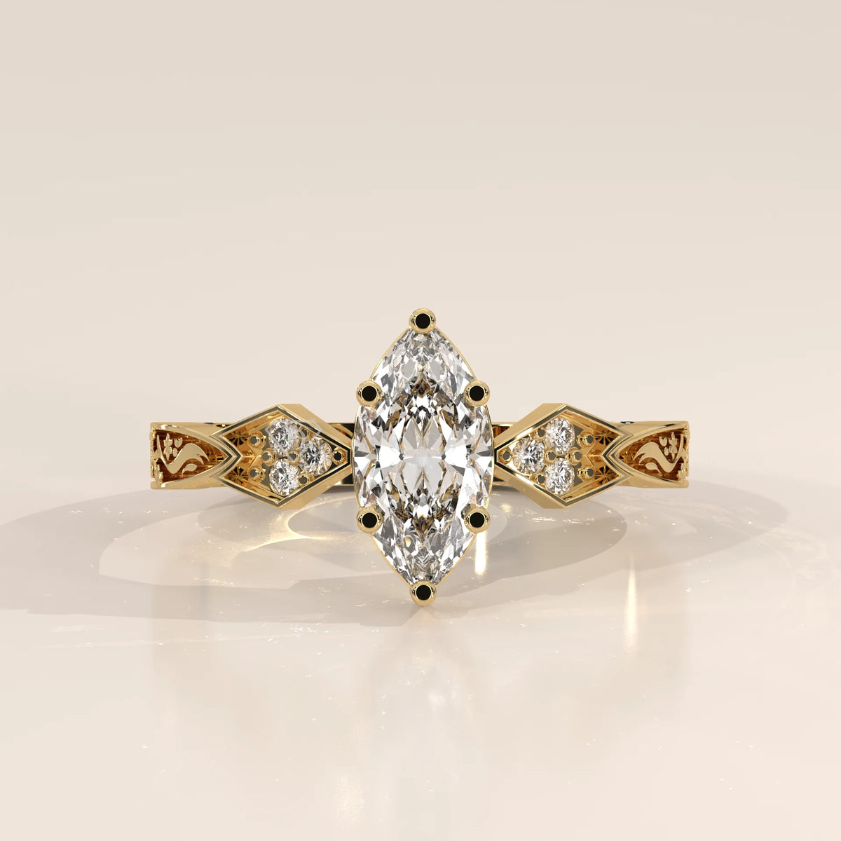 A 14k gold ring featuring a large marquise-cut diamond and smaller accent diamonds.