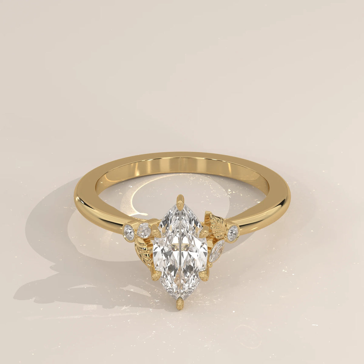 A 14k gold ring featuring a large marquise-cut diamond and smaller accent diamonds.