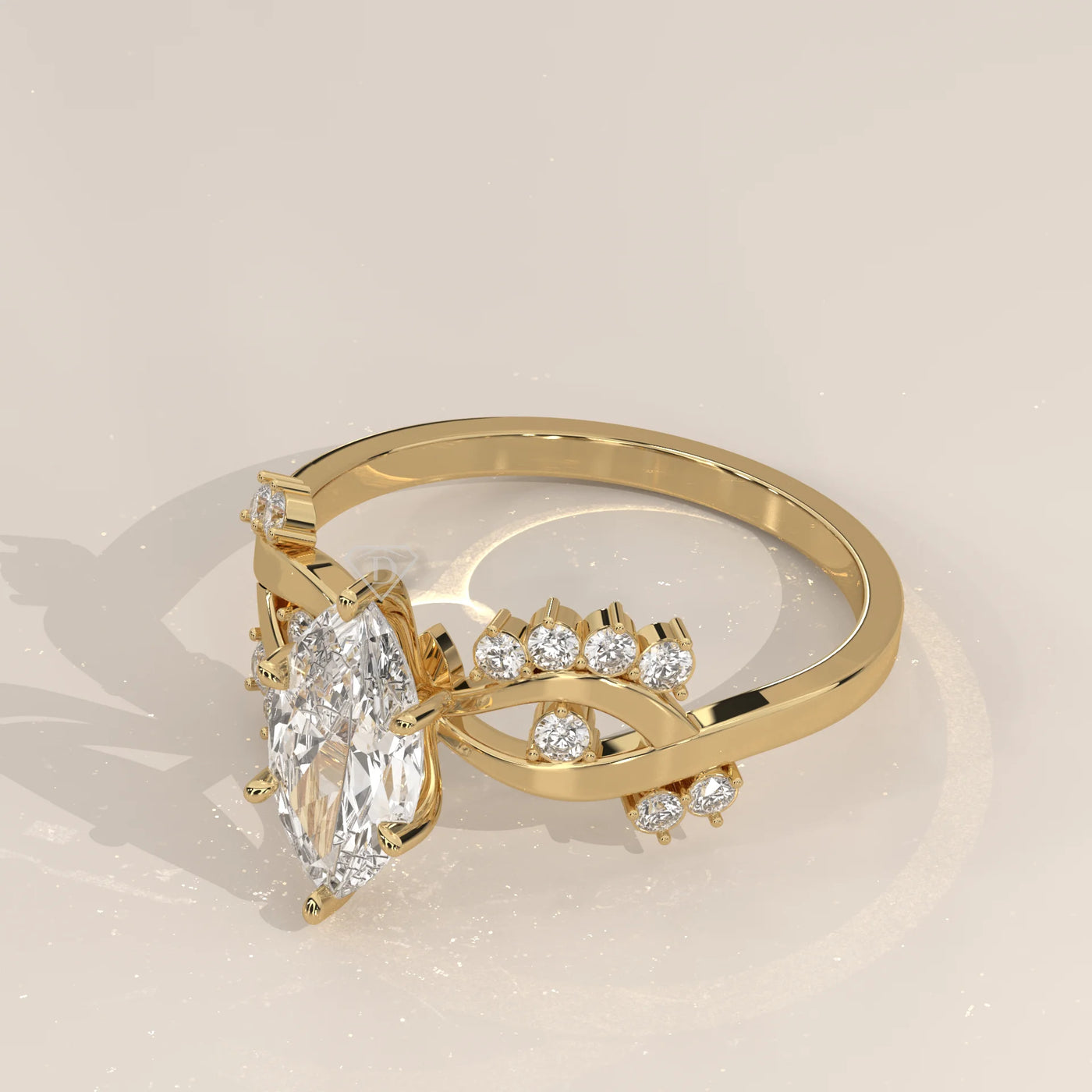 Gold ring with a marquise-cut diamond and ornate band