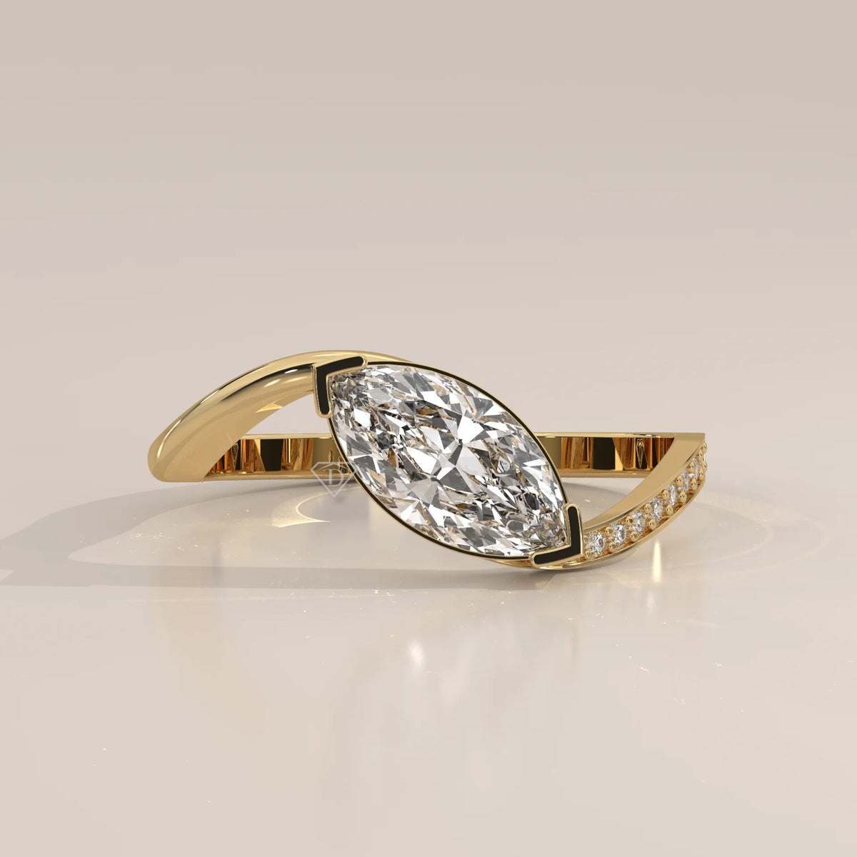 Marquise Lab Grown Diamond East West Half Bezel Bypass Ring in yellow gold, side profile view.