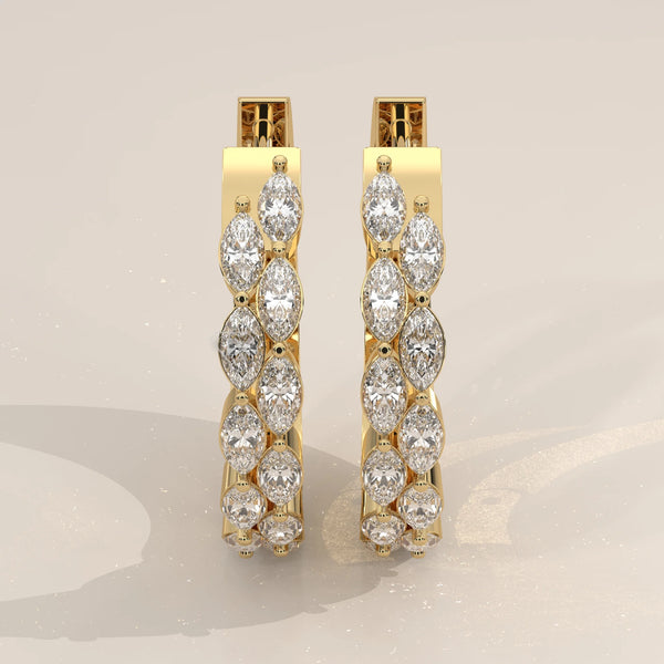 Pair Front View: Marquise Diamond Hoop Earrings with Prong Setting in Yellow Gold – Lab Grown – Driona Jewels