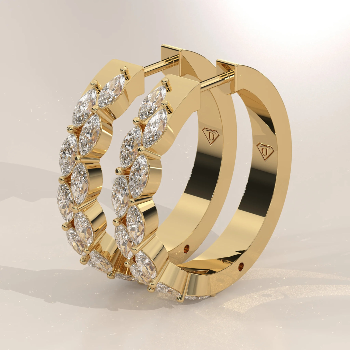 Three-Quarter View: Marquise Diamond Hoop Earrings with Prong Setting in Yellow Gold – Lab Grown – Driona Jewels