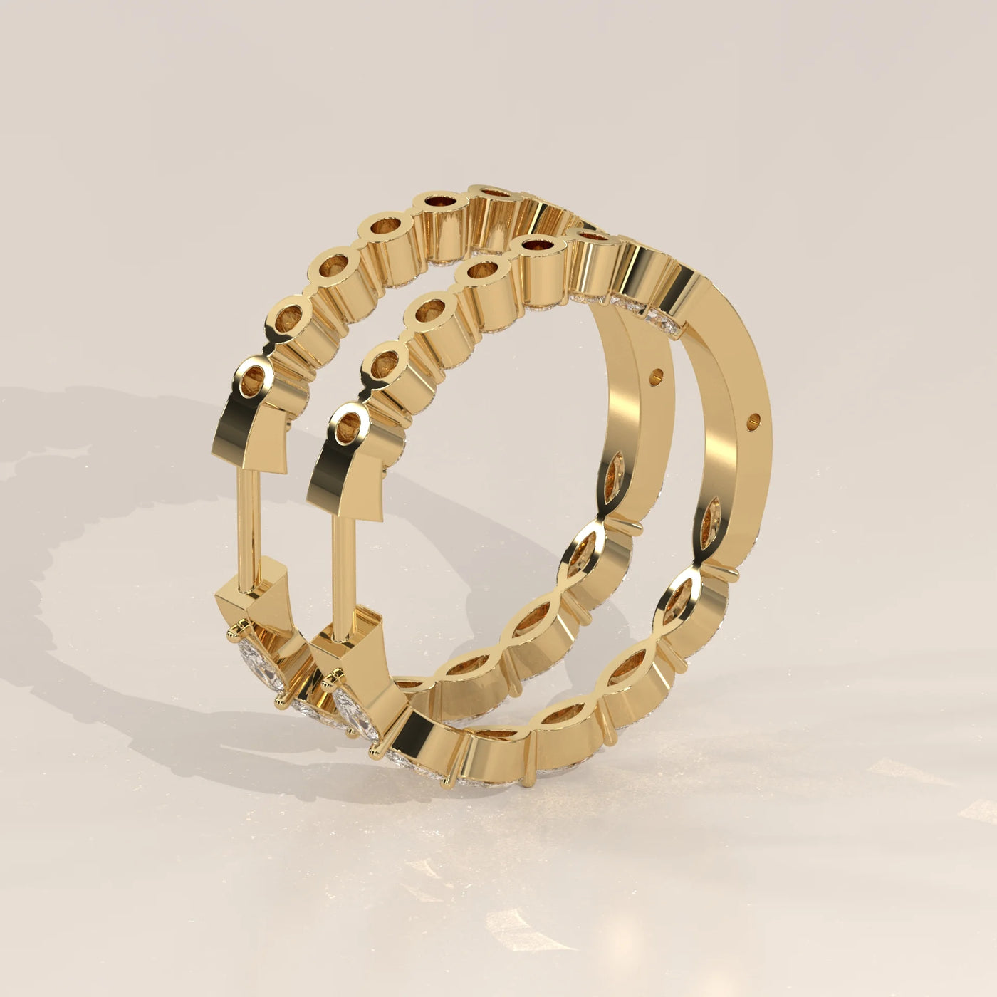 Angle View: Marquise Diamond Hoop Earrings with Prong Setting in Yellow Gold – Lab Grown – Driona Jewels