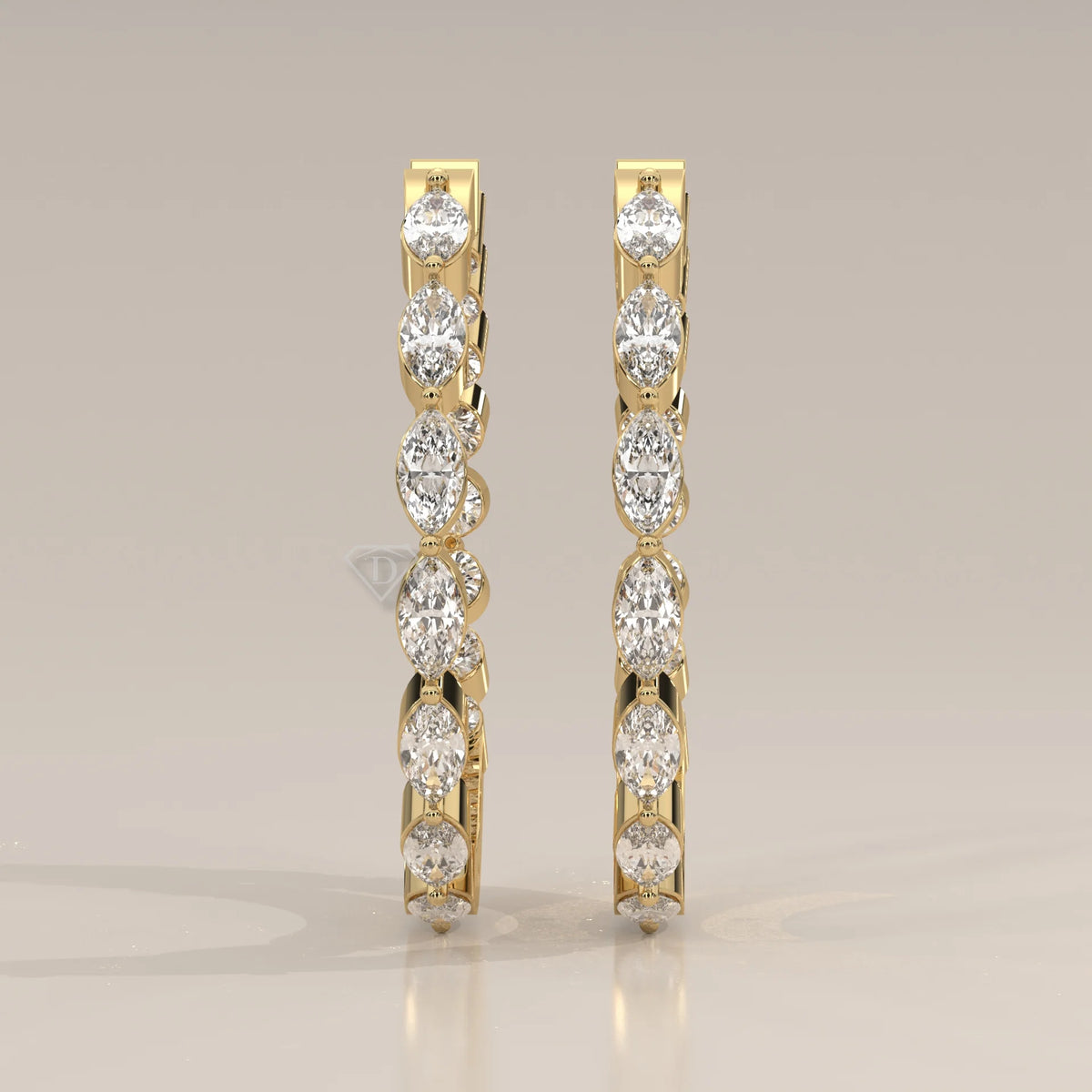 Front View: Marquise Diamond Hoop Earrings with Prong Setting in Yellow Gold – Lab Grown – Driona Jewels