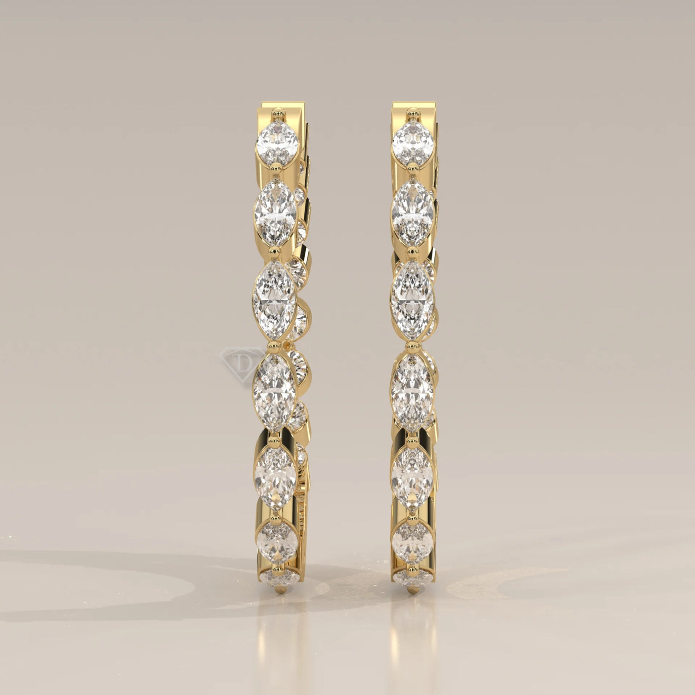 Front View: Marquise Diamond Hoop Earrings with Prong Setting in Yellow Gold – Lab Grown – Driona Jewels