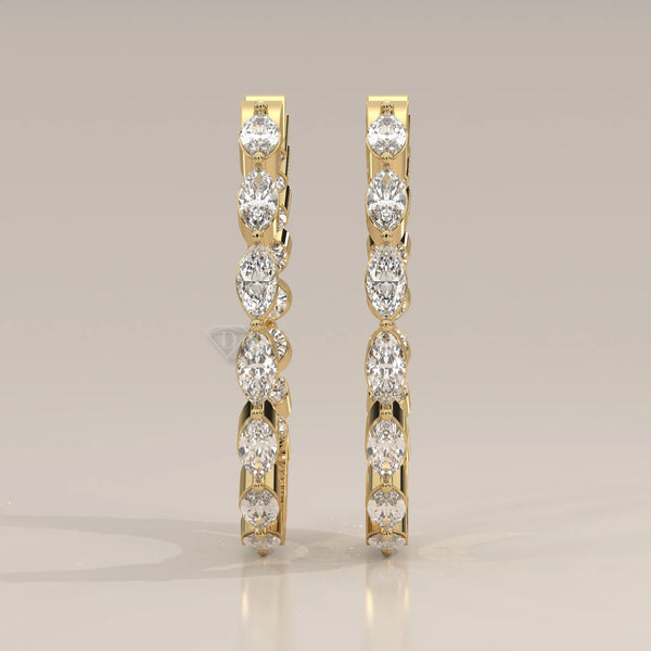 Front View: Marquise Diamond Hoop Earrings with Prong Setting in Yellow Gold – Lab Grown – Driona Jewels