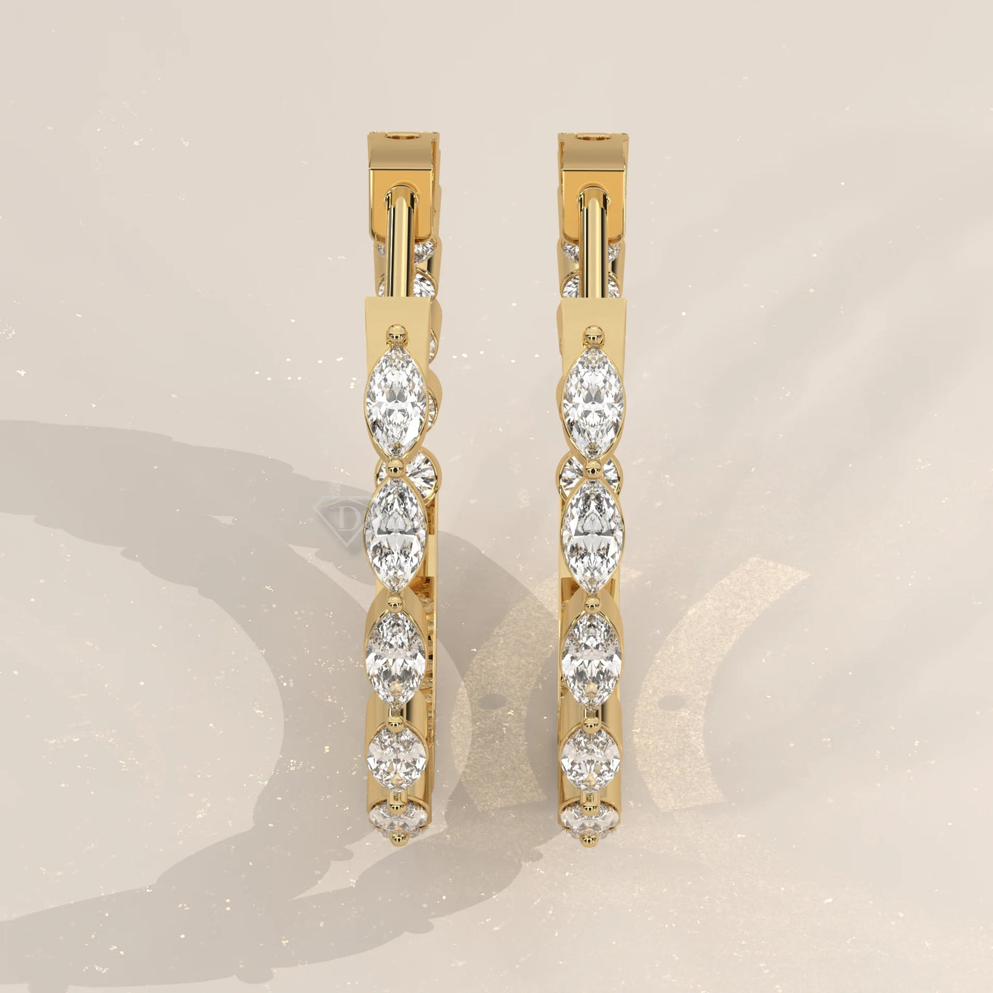 Pair Front View: Marquise Diamond Hoop Earrings with Prong Setting in Yellow Gold – Lab Grown – Driona Jewels