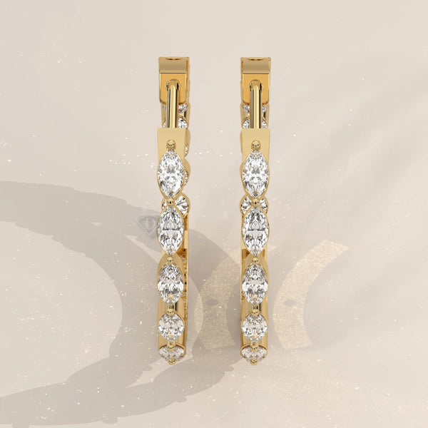 Pair Front View: Marquise Diamond Hoop Earrings with Prong Setting in Yellow Gold – Lab Grown – Driona Jewels
