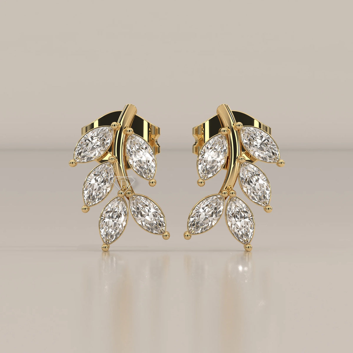 Front View: Marquise Diamond Stud Earrings with Cluster Setting in Yellow Gold – Lab Grown – Driona Jewels