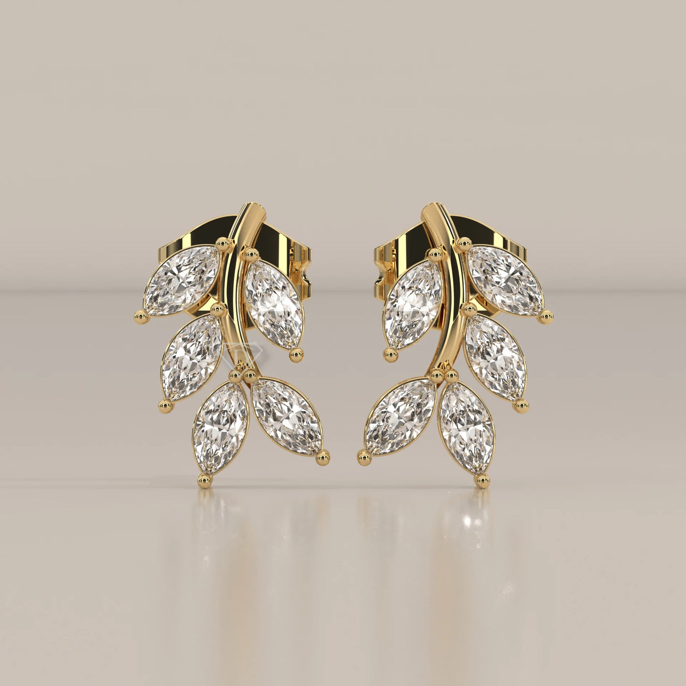 Front View: Marquise Diamond Stud Earrings with Cluster Setting in Yellow Gold – Lab Grown – Driona Jewels