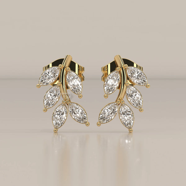 Front View: Marquise Diamond Stud Earrings with Cluster Setting in Yellow Gold – Lab Grown – Driona Jewels