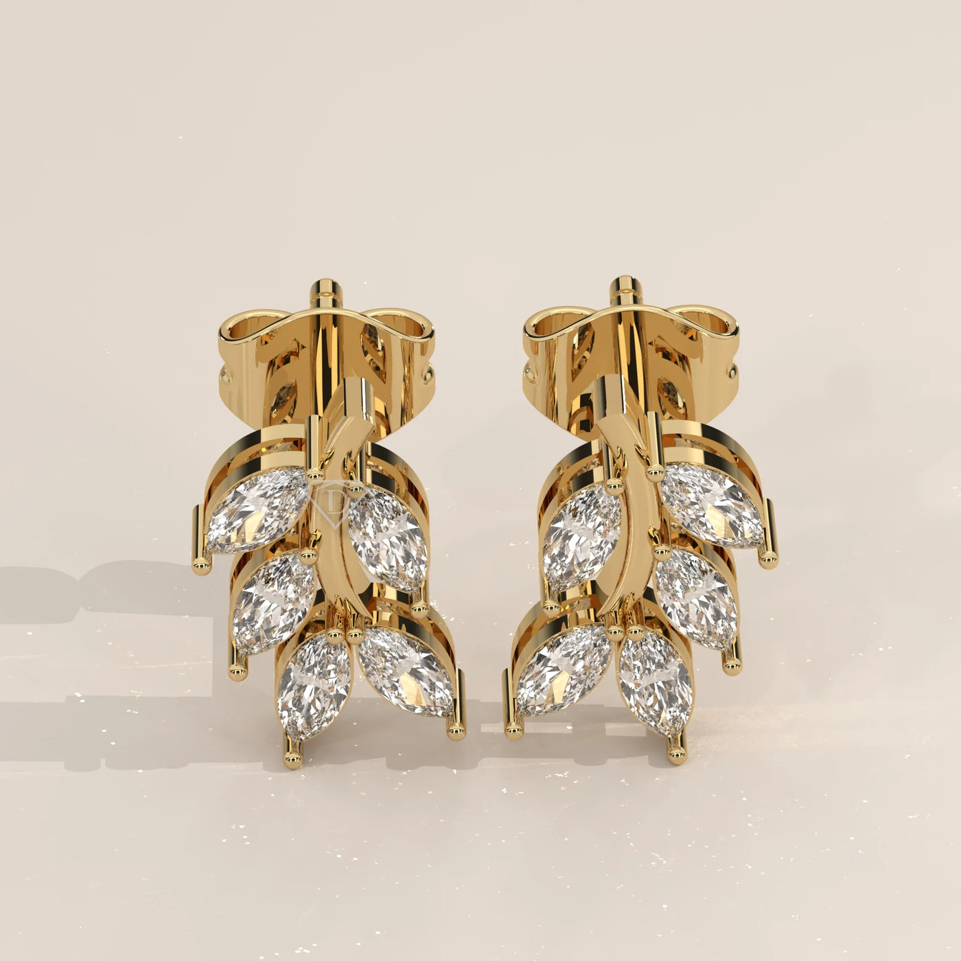 Pair Front View: Marquise Diamond Stud Earrings with Cluster Setting in Yellow Gold – Lab Grown – Driona Jewels