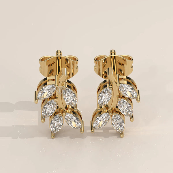 Pair Front View: Marquise Diamond Stud Earrings with Cluster Setting in Yellow Gold – Lab Grown – Driona Jewels