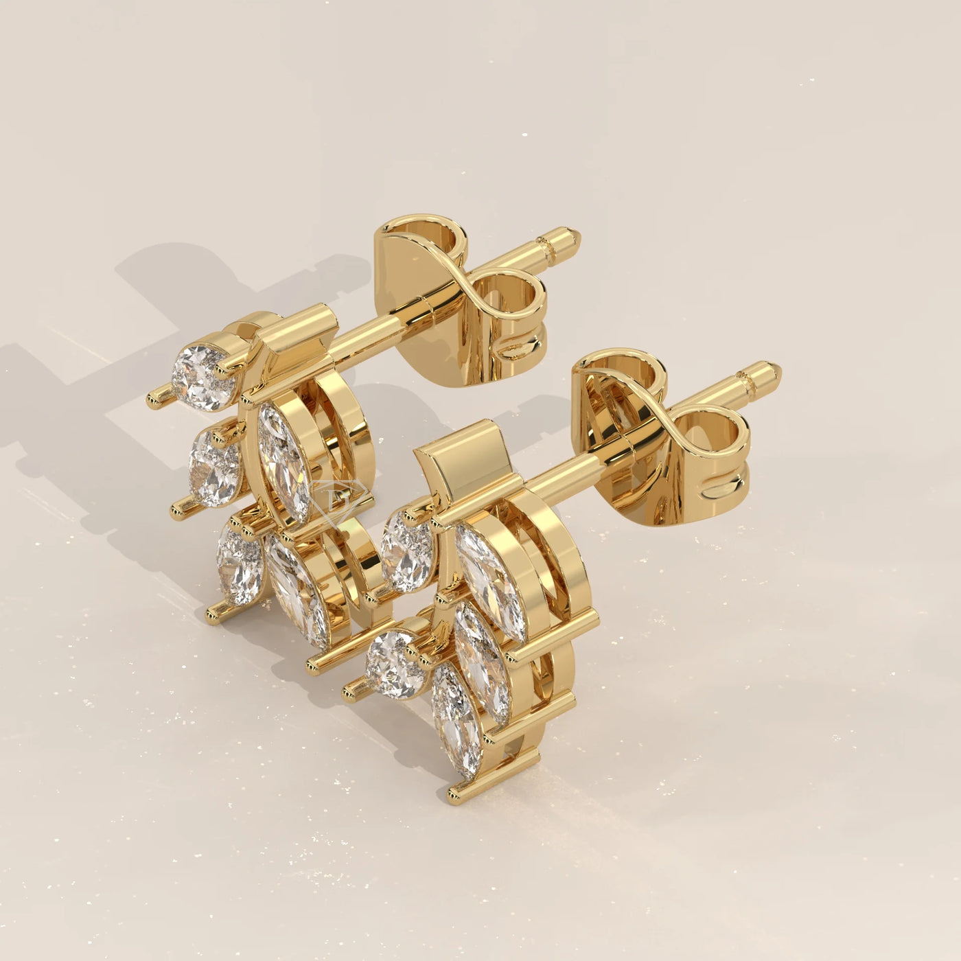 Three-Quarter View: Marquise Diamond Stud Earrings with Cluster Setting in Yellow Gold – Lab Grown – Driona Jewels