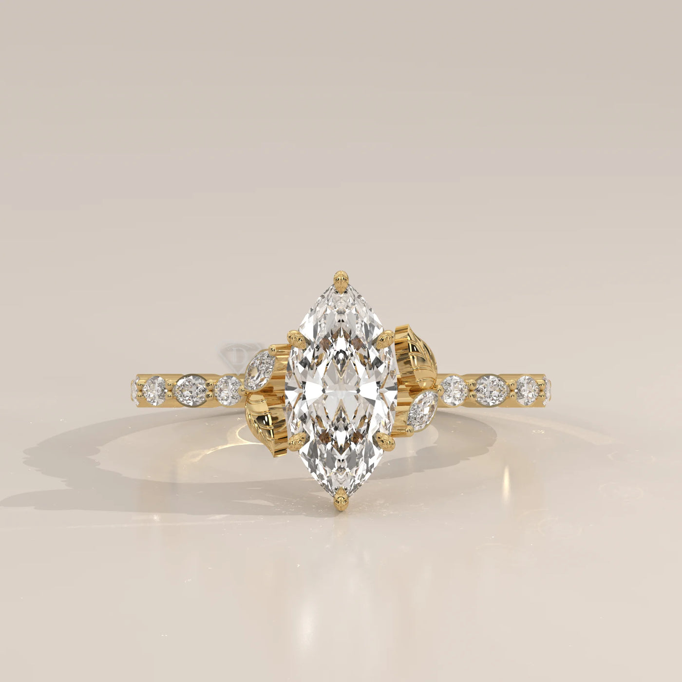 Yellow gold ring with a large marquise-cut diamond and smaller accent stones.