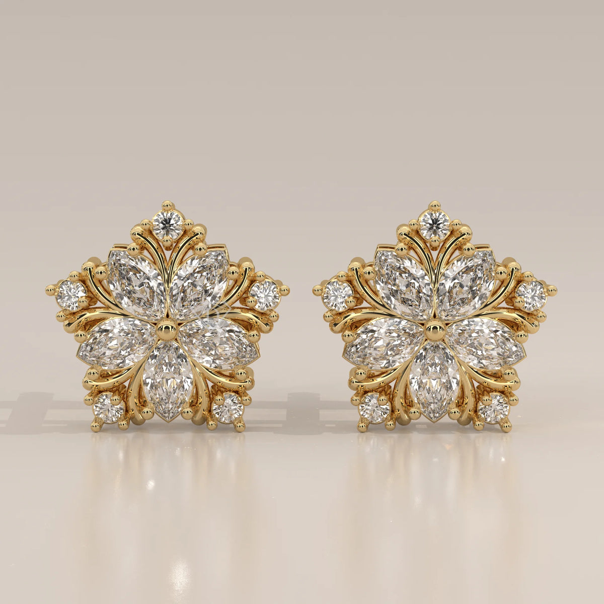 Front View: Marquise Diamond Stud Earrings with Cluster Setting in Yellow Gold – Lab Grown – Driona Jewels