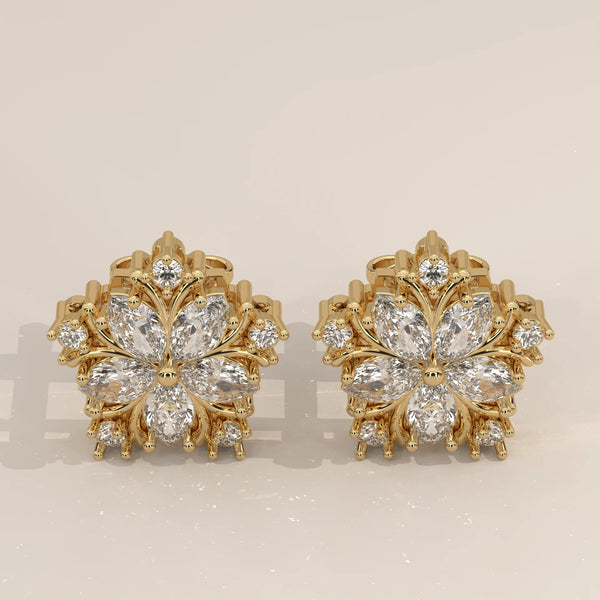 Pair Front View: Marquise Diamond Stud Earrings with Cluster Setting in Yellow Gold – Lab Grown – Driona Jewels