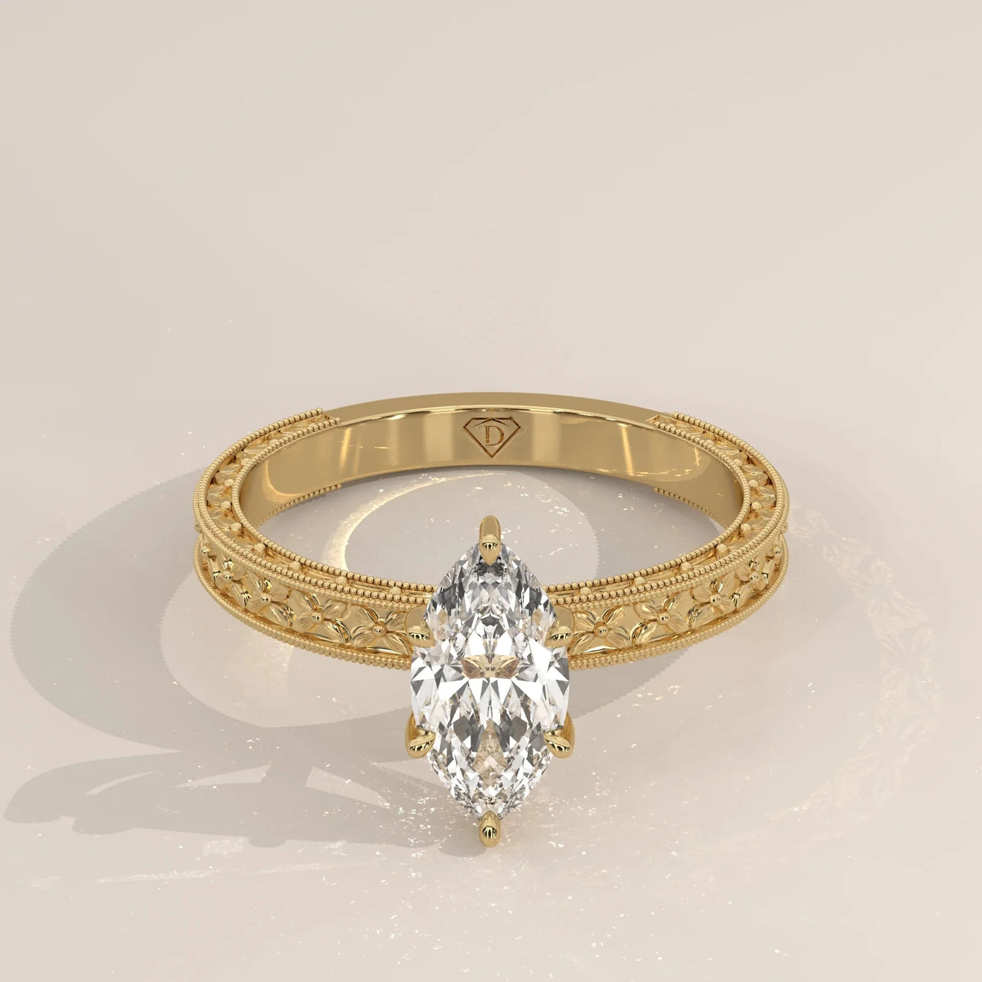 Front View: Marquise Diamond Ring with Solitaire Setting in Yellow Gold – Lab Grown – Driona Jewels