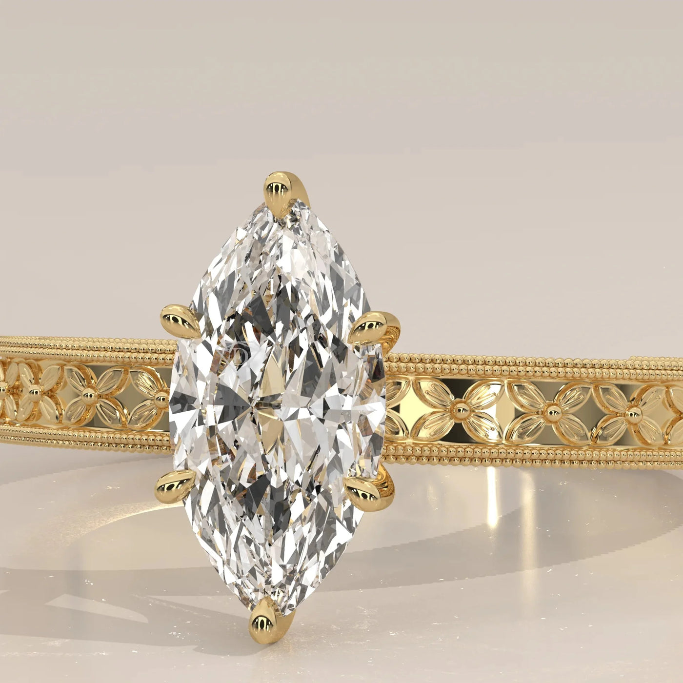 Front View: Marquise Diamond Ring with Solitaire Setting in Yellow Gold – Lab Grown – Driona Jewels