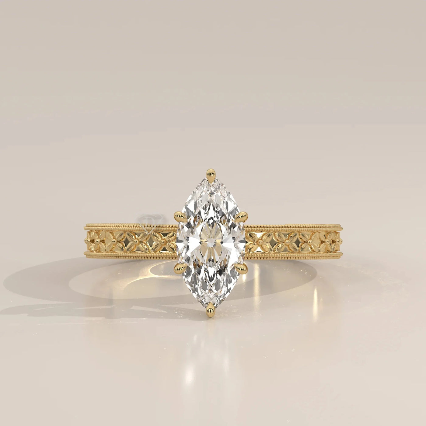 Front View: Marquise Diamond Ring with Solitaire Setting in Yellow Gold – Lab Grown – Driona Jewels