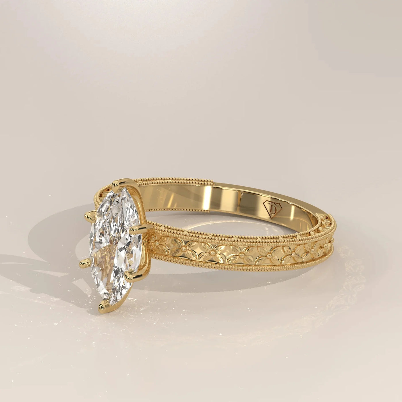 Side Profile: Marquise Diamond Ring with Solitaire Setting in Yellow Gold – Lab Grown – Driona Jewels