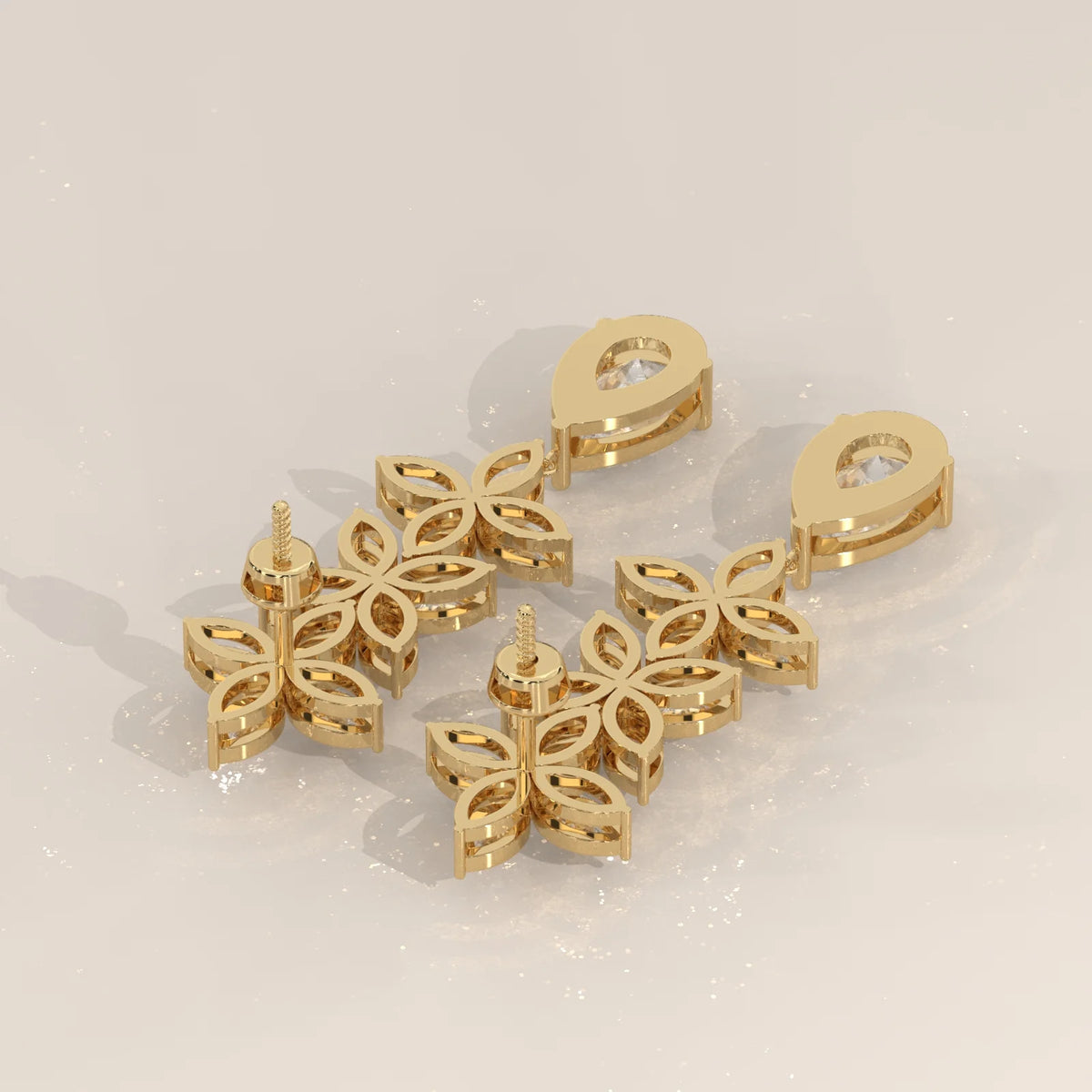 Marquise Flower Cascade Lab Grown Diamond Earrings with Pear Drop in yellow gold, product photograph on a plain background.