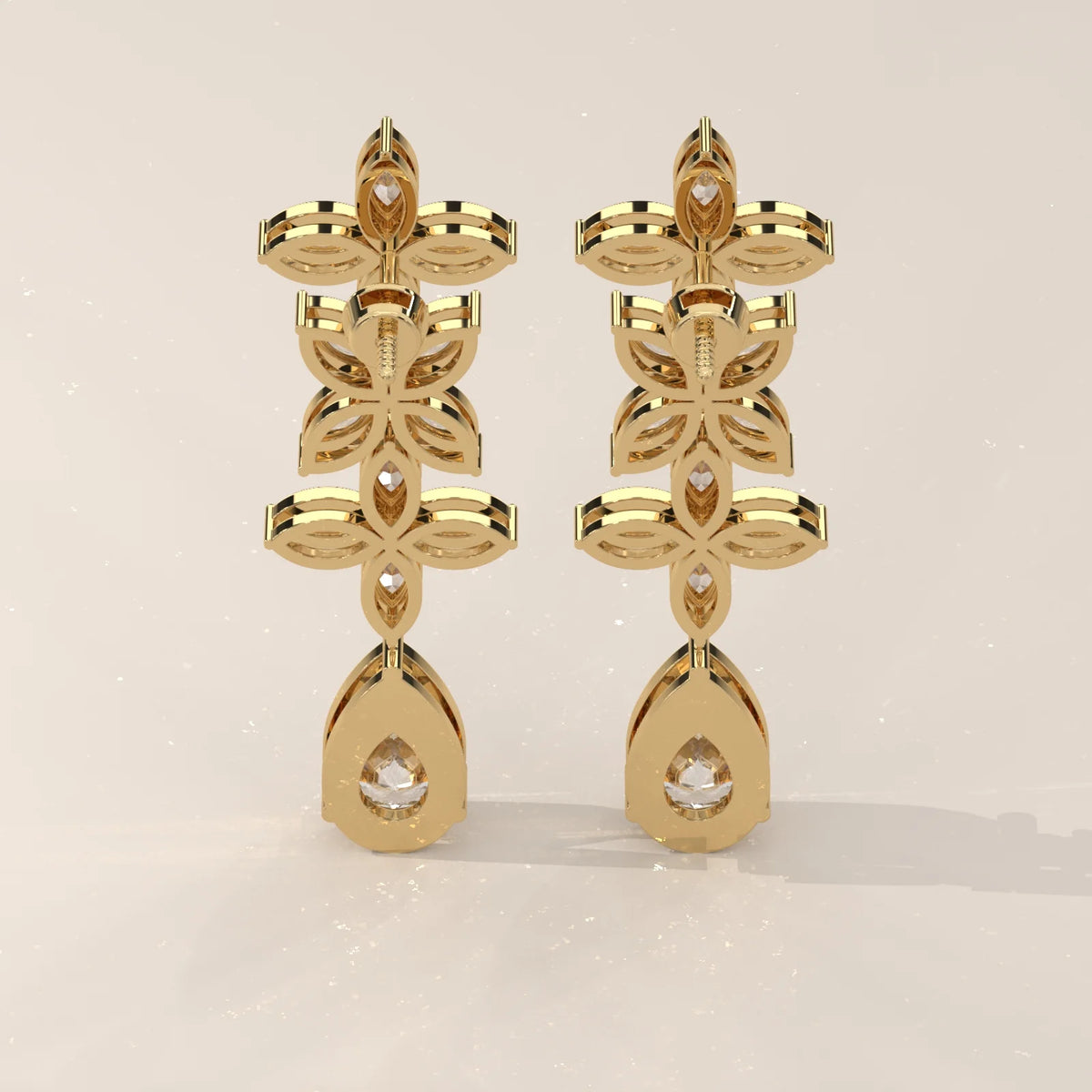 Marquise Flower Cascade Lab Grown Diamond Earrings with Pear Drop in yellow gold, photographed head-on.