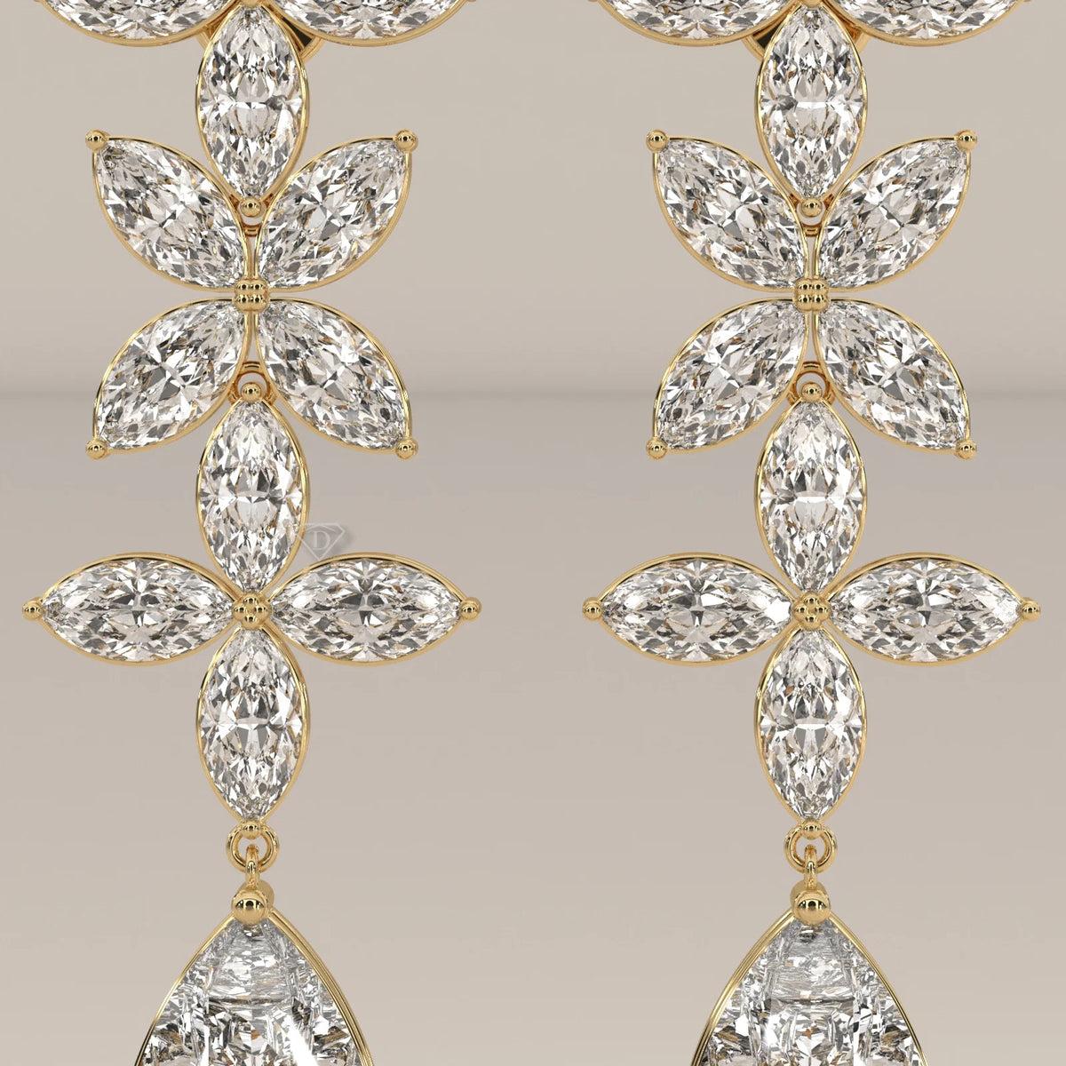 Marquise Flower Cascade Lab Grown Diamond Earrings with Pear Drop in yellow gold, front view on a plain background.