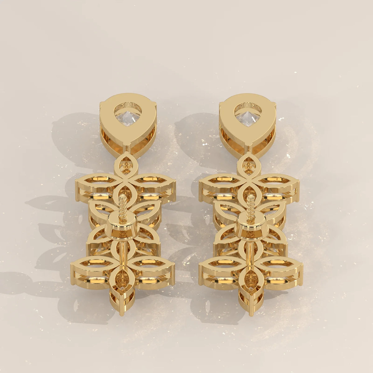 Marquise Flower Cascade Lab Grown Diamond Earrings with Pear Drop in yellow gold, studio photograph on a plain background.