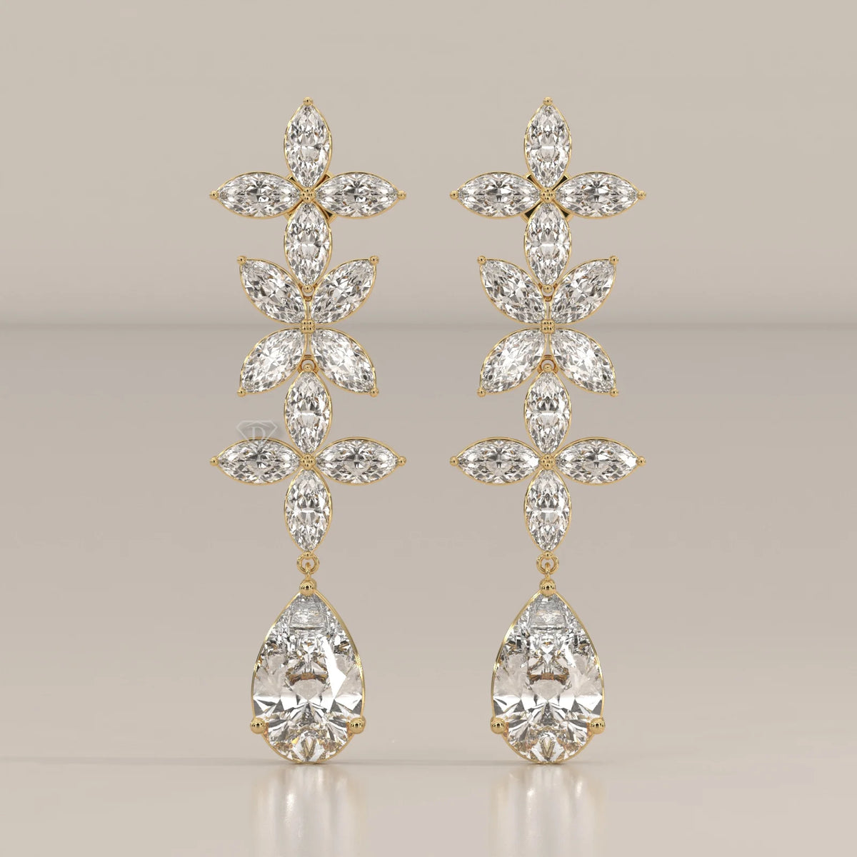 Marquise Flower Cascade Lab Grown Diamond Earrings with Pear Drop in yellow gold, shown from the front.