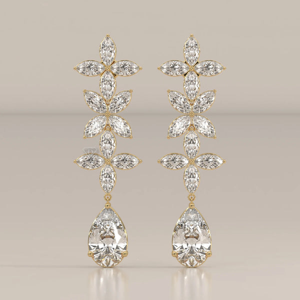 Marquise Flower Cascade Lab Grown Diamond Earrings with Pear Drop in yellow gold, shown from the front.