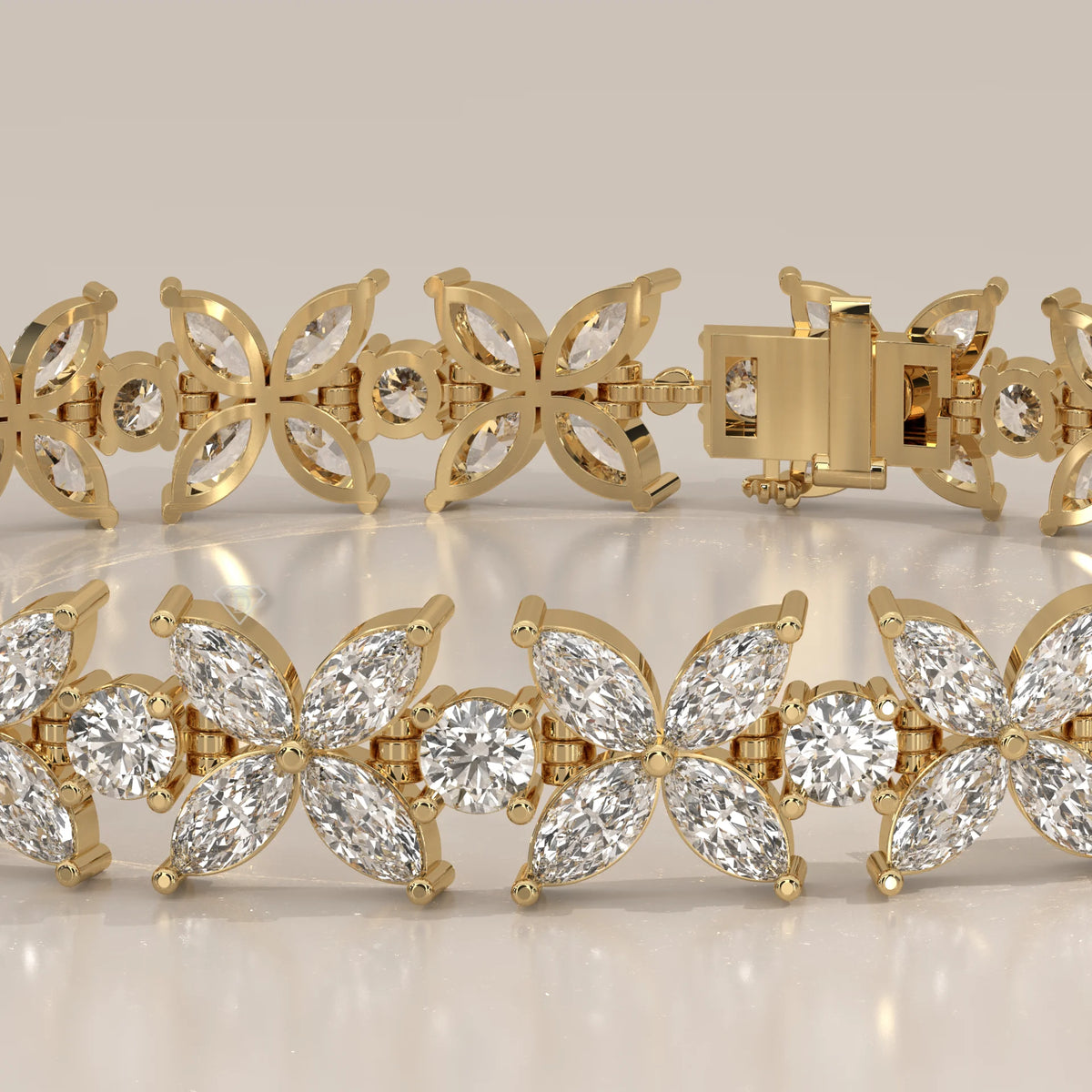 Marquise Flower Lab Grown Diamond Tennis Bracelet with Rounds in yellow gold, product photograph on a plain background.