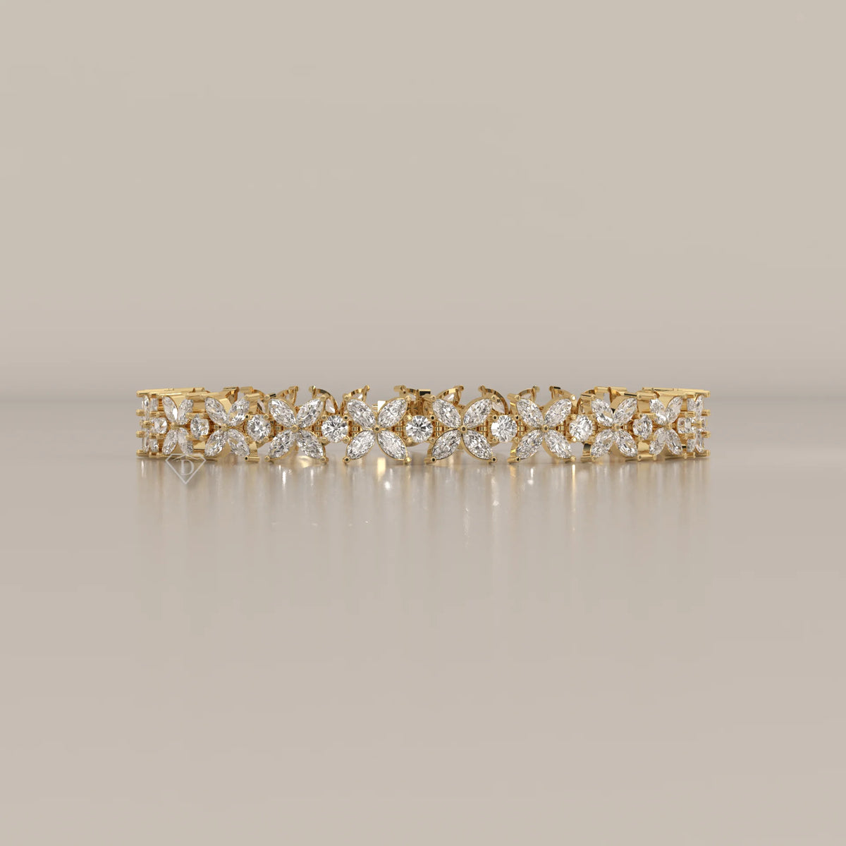 Marquise Flower Lab Grown Diamond Tennis Bracelet with Rounds in yellow gold, photographed head-on.